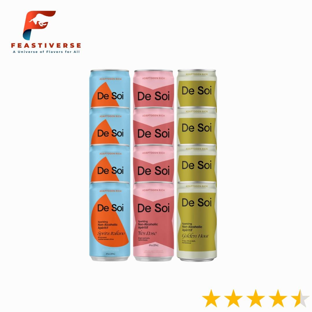 De Soi offers a grown-up, alcohol-free way to sip and unwind. This variety pack includes three bold, botanical flavors—Spritz Italiano, Très Rosé, and Golden Hour—all crafted with adaptogens like reishi, lion’s mane, and L-theanine. They’re lightly sweet, low-calorie, and vegan. The vibe? More cocktail hour than casual sparkling water—great for dinner parties or solo moments.