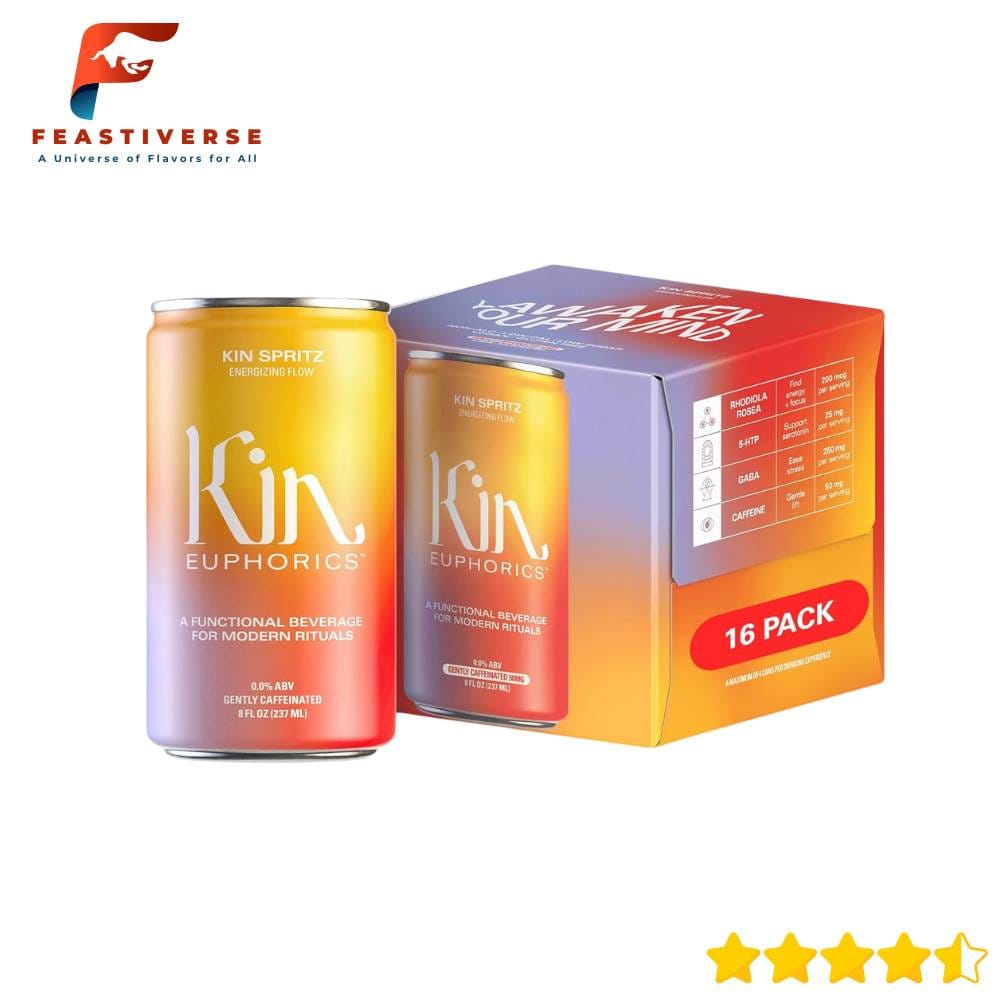 Kin Spritz takes your typical sparkling adaptogen drink and gives it a playful kick. Unlike Hiyo, this mood boosting beverage adds a gentle buzz of clean energy. With Rhodiola Rosea, 5-HTP, and GABA, it supports focus and keeps you upbeat without caffeine jitters. Taste-wise, Kin Spritz pops with bright ginger, tangy hibiscus, orange bitters, and citrus — a sparkling herbaceous blast that stays refreshing to the last sip. It’s a true sober curious drink option when you want the lively feel of a cocktail but not the regret afterward. At just 25 calories and 5 grams of sugar, this adaptogen-infused seltzer is easy on your diet, too. It’s vegan, gluten-free, dairy-free, and nut-free, fitting most lifestyles. Whether you sip it pre-workout for a gentle pick-me-up or during a work-from-home break, it feels like a treat you can feel good about.