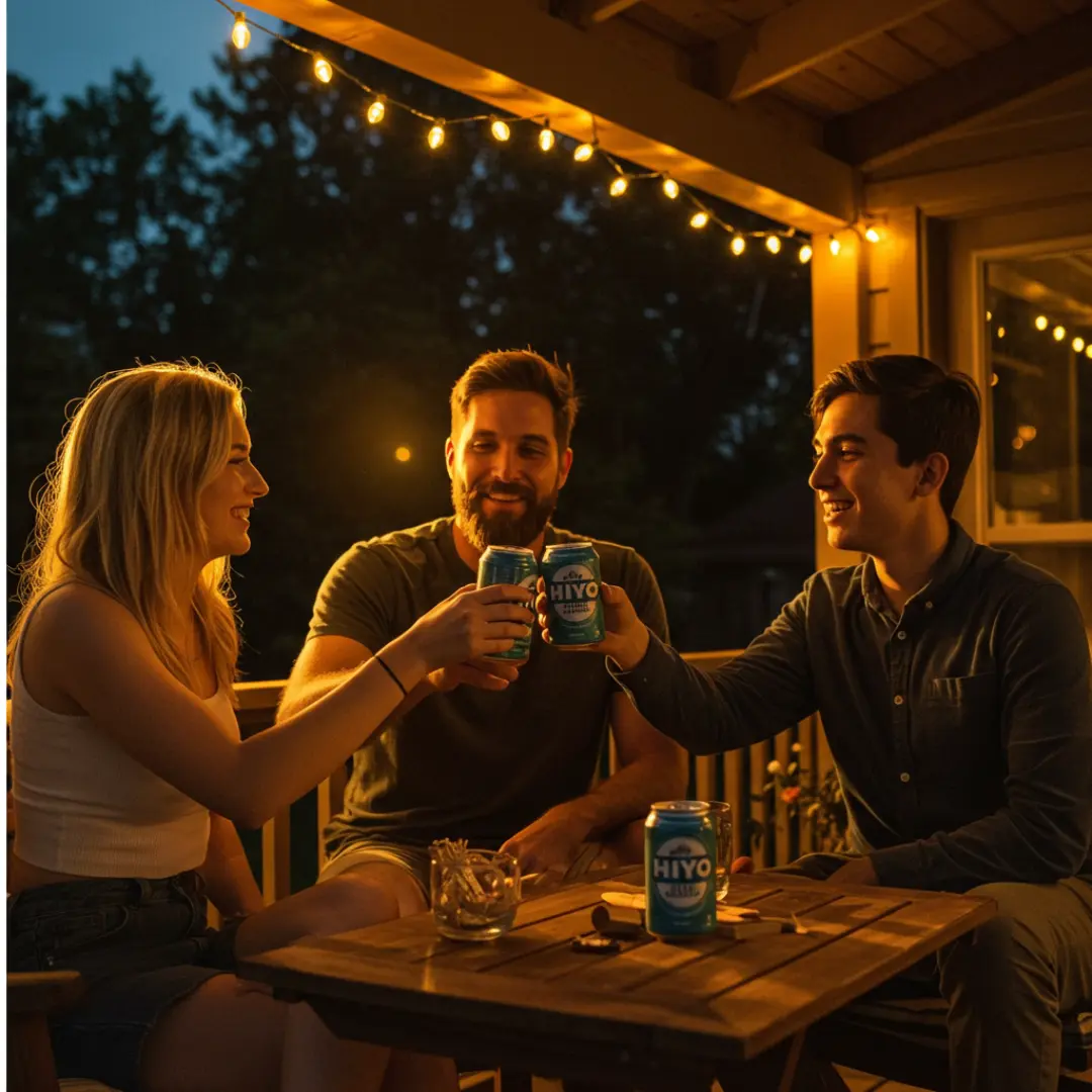 1. Three people cheerfully toasting with beers on a cozy porch, enjoying a sunny day together.2. A group of three friends raising their beer glasses in a toast on a welcoming porch, celebrating together.3. Three individuals on a porch clinking their beer bottles together in a joyful toast, surrounded by a relaxed atmosphere.
